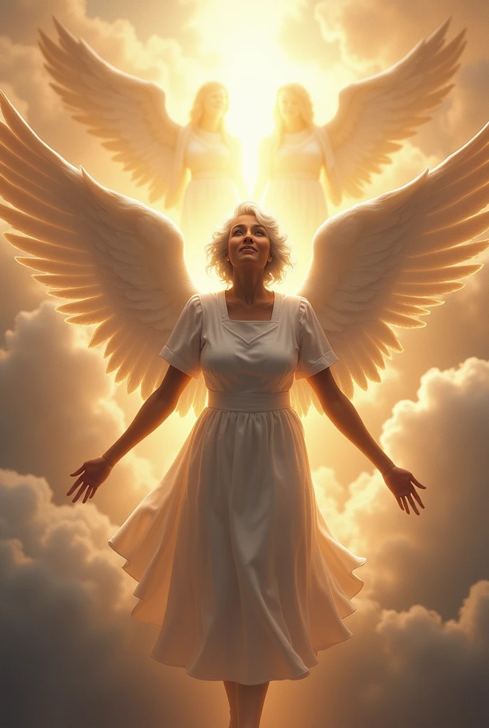 Create an image of a black woman, lowrise, retired (72 years), in american maid clothes, full gray hair, ángel wings, arriving in heaven being welcomed by angels in heaven, smiling and in the clouds is Michael Jackson and Whitney Houston