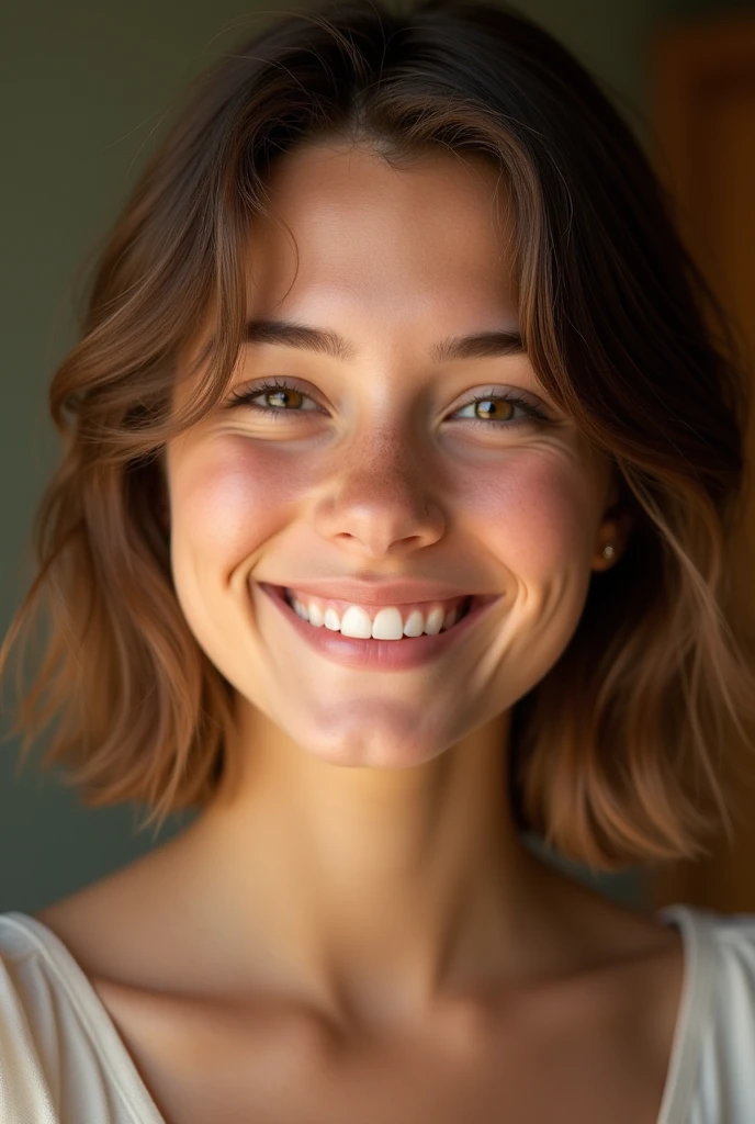 Smiling girl with natural medium brown hair , Her white skin color and her medium strawberry colored lips , in a first person shot but distanced like 50%