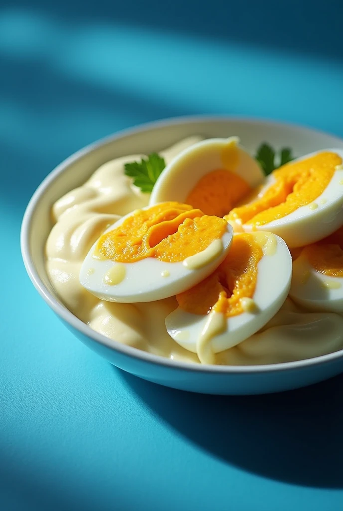 arafed mayonnaise with eggs on a blue surface, mayonnaise, inspired by Heinz Anger, dramatic product photography, “hyper realistic, best mayonnaise, "hyper realistic", “hyper-realistic”, “hyperrealism”, inspired by Heinz Edelman, mayo, hyper-realistic photograph, hyper-realistic photograph, fotorrealism ", hyper-realistic photography, inspired by Eugène Brands