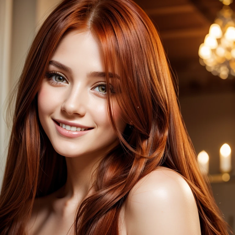 color portrait, beautiful woman, White skin, eyes the color of honey, Long hair, Red hair, thick hair, beautiful hair, happy, looking straight at the camera, smiling.
