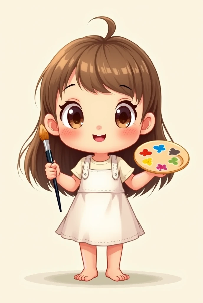 Create a cartoon mascot,  with long straight hair, and short bangs, light brown eyes and I want her to be holding a brush and a paint palette in her hands, withe dress 