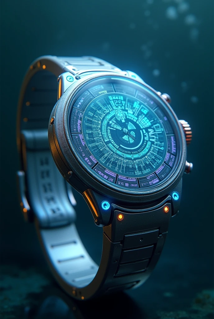 A futuristic wristwatch from the Atlantean world with a holographic display