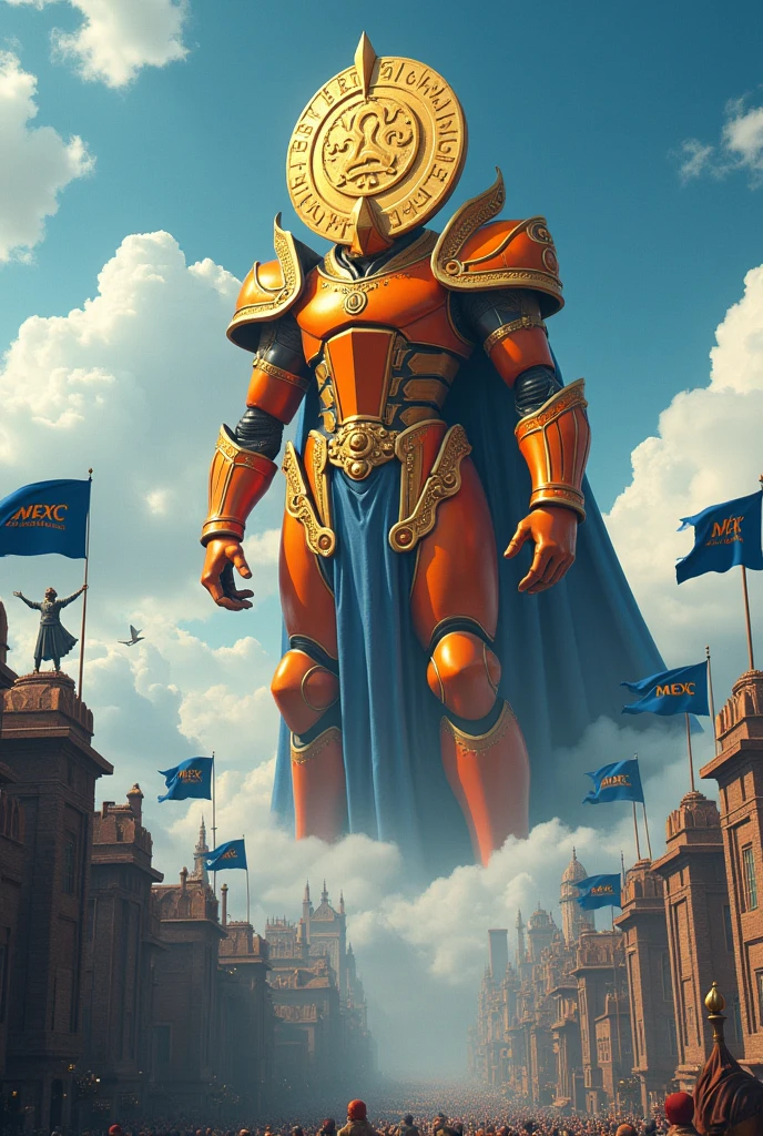 The king, whose head is very big and looks like a coin and has orange armor and a beautiful crown, is standing on top of the sky and looking at city ,  flags is written "MEXC" are all over of that city and the color of this flags is dark blue.