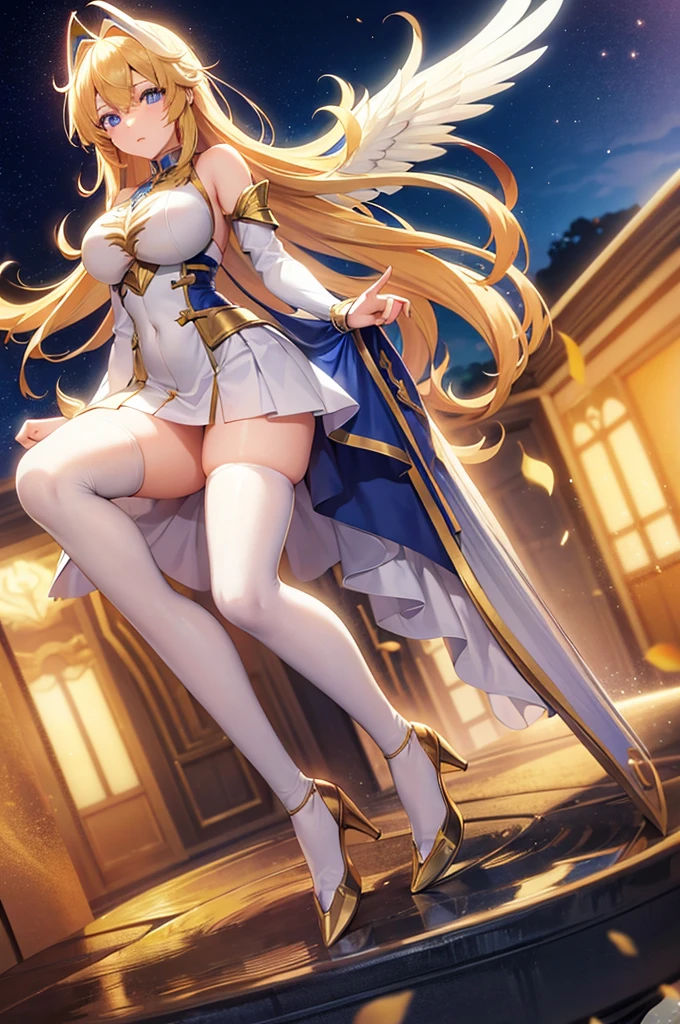 Anime style girl, Golden hair, blue eyes, White wings, wearing white armor using a pegasus emblem 