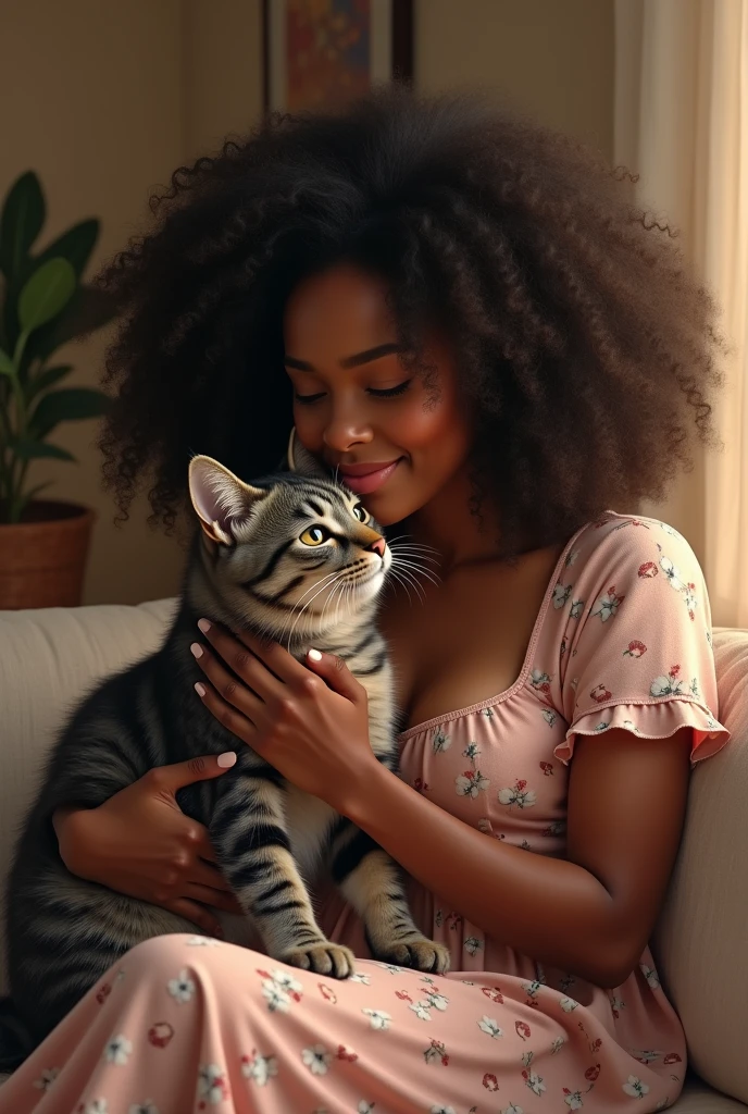 A dark-skinned woman with well-defined, voluminous shoulder-length curly hair holding a gray-striped cat, wearing a flowery dress sitting on a couch kissing the cat