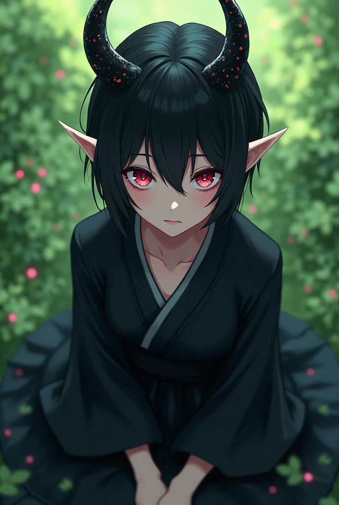 An adult girl with a very short haircut for a boy, with black hair and black horns like a Chinese dragon, with ears like an elf, sits in a field and in an anime-style photo from above in a black kimono and red eyes