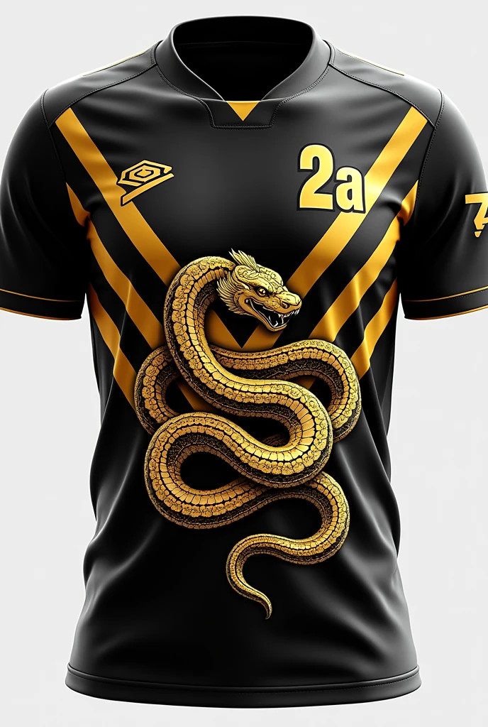 Create a team shirt/black interclass with gold stripes, with a golden anime style snake in the region between the belly and the rib, looking forward, with 2A on the left chest and V-shaped collar