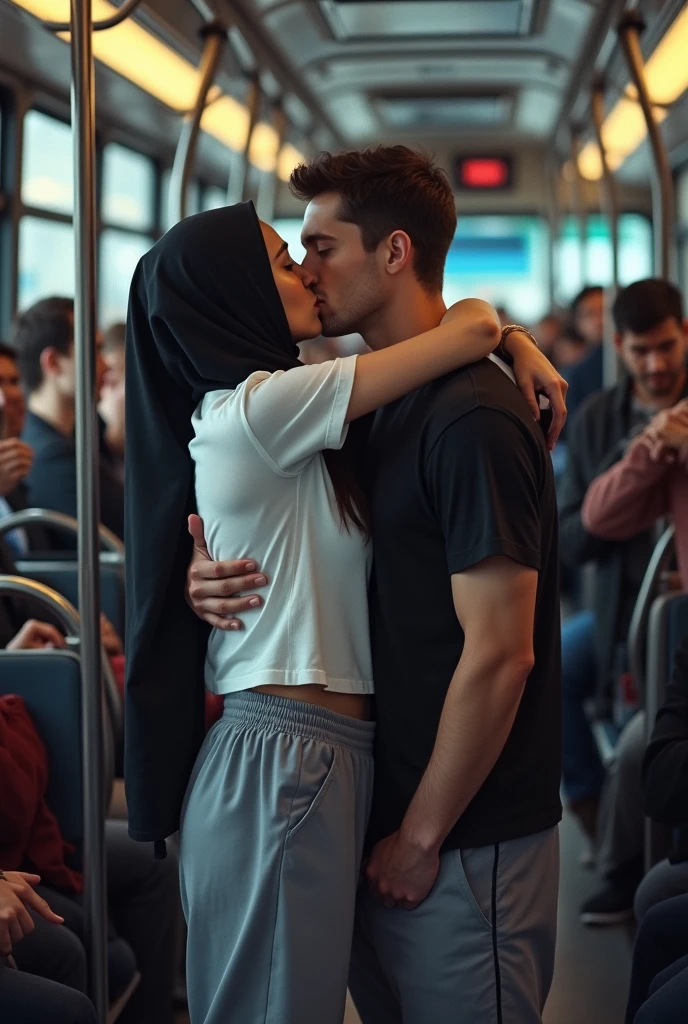 Black headscarf on a crowded bus, white long sleeve t shirt, Sexy skinny woman in grey baggy sweatpants kissing a man. Men on bus touching woman's breasts and butt.