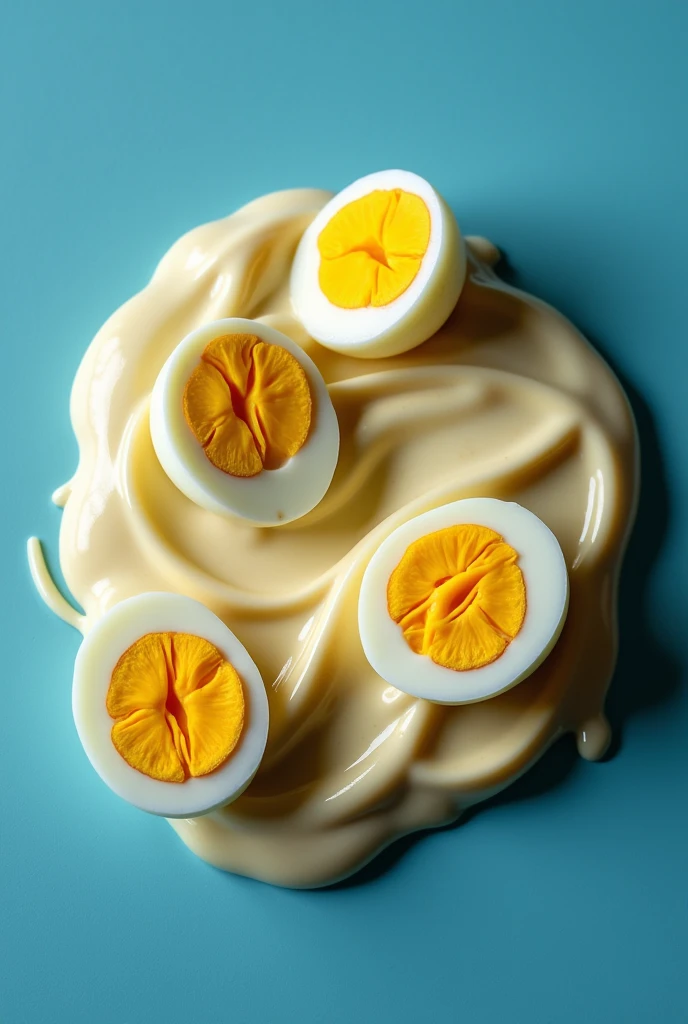 arafed mayonnaise with eggs on a blue surface, mayonnaise, inspired by Heinz Anger, dramatic product photography, “hyper realistic, best mayonnaise, "hyper realistic", “hyper-realistic”, “hyperrealism”, inspired by Heinz Edelman, mayo, hyper-realistic photograph, hyper-realistic photograph, fotorrealism ", hyper-realistic photography, inspired by Eugène Brands
