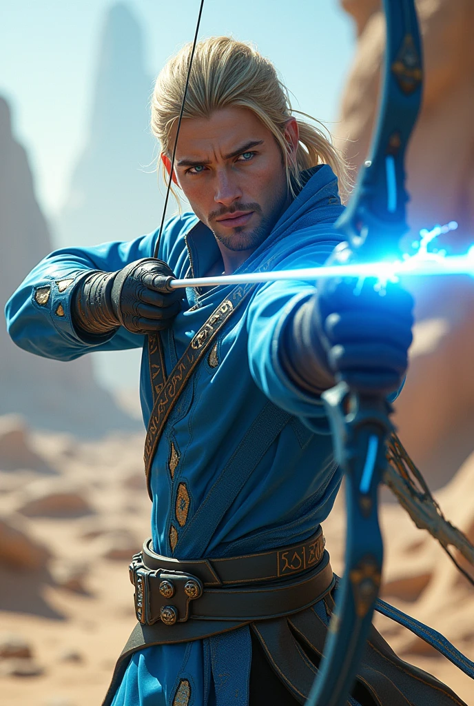 Valorant game beating, man with blond hair tied up, holding shock bow and arrow, with futuristic blue robes on the Mirage map of cs go.
He has a sapphire eye.