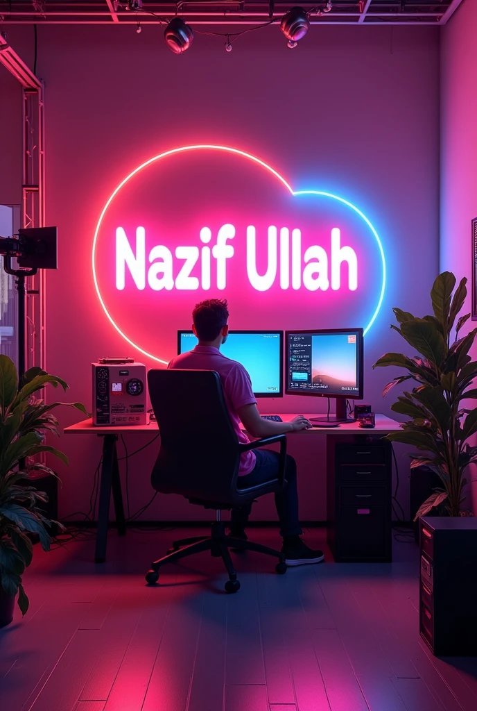 Create studio room with Computer Setup Inside On the wall Behind as Bright Lighting Glowing Text inside With Bright Circle Says " Nazif Ullah Vlogs "