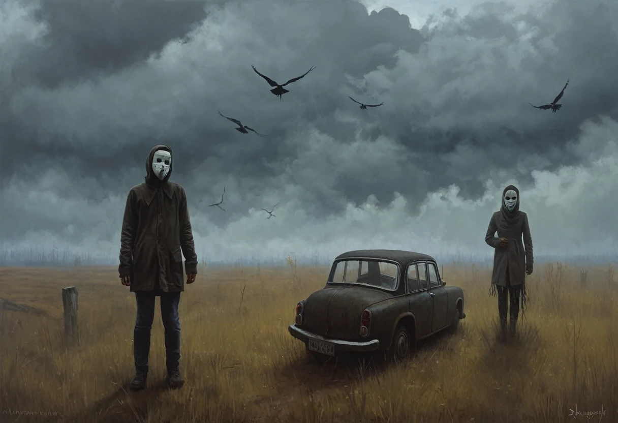 undead girl in ragged clothes wearing a white macabre mask(ominous vibes), obscured by sinister woods, moody and atmospheric art, disturbing art, truly terrifying, cerebral horror, grim saga, darkly surreal art by simon Stålenhag, Denis sarazhin, ominous sky, Alex colville, Simon Goinard, Wayne Barlowe, Richard Powers, Chris Foss, unnerving, misty, suspenseful and gripping art