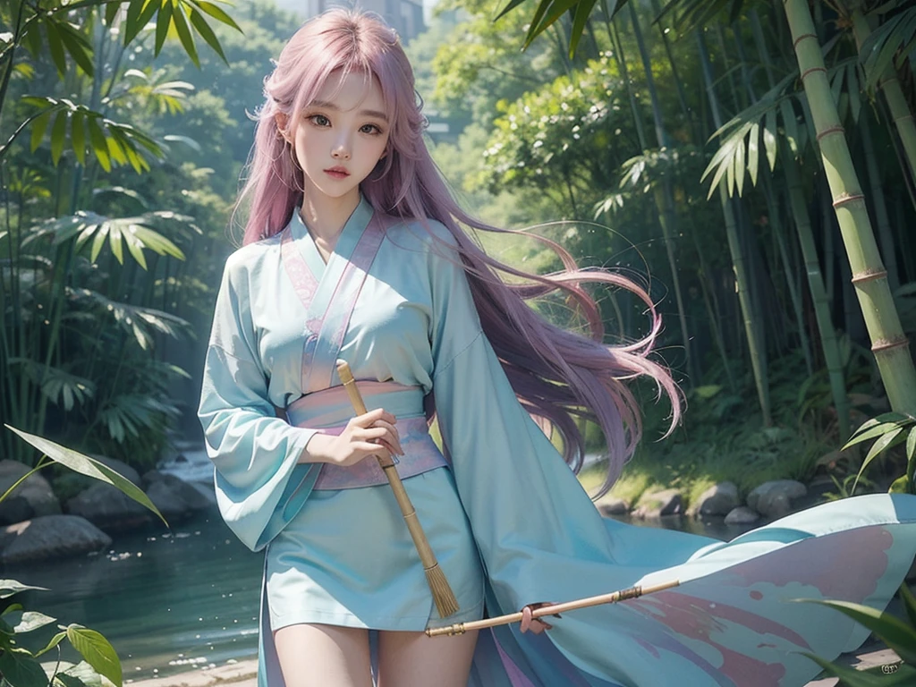 Mysterious Korean beauty,perfectly structured, (aquarel), digitale Illustration, Anime Style, The content is very detailed, volumetric lightning,，she holds a bamboo flute in her hand pastel color, dynamic combination, The image is clear and sharp, (exquisit, Sublimation:1.2), Indescribably beautiful,