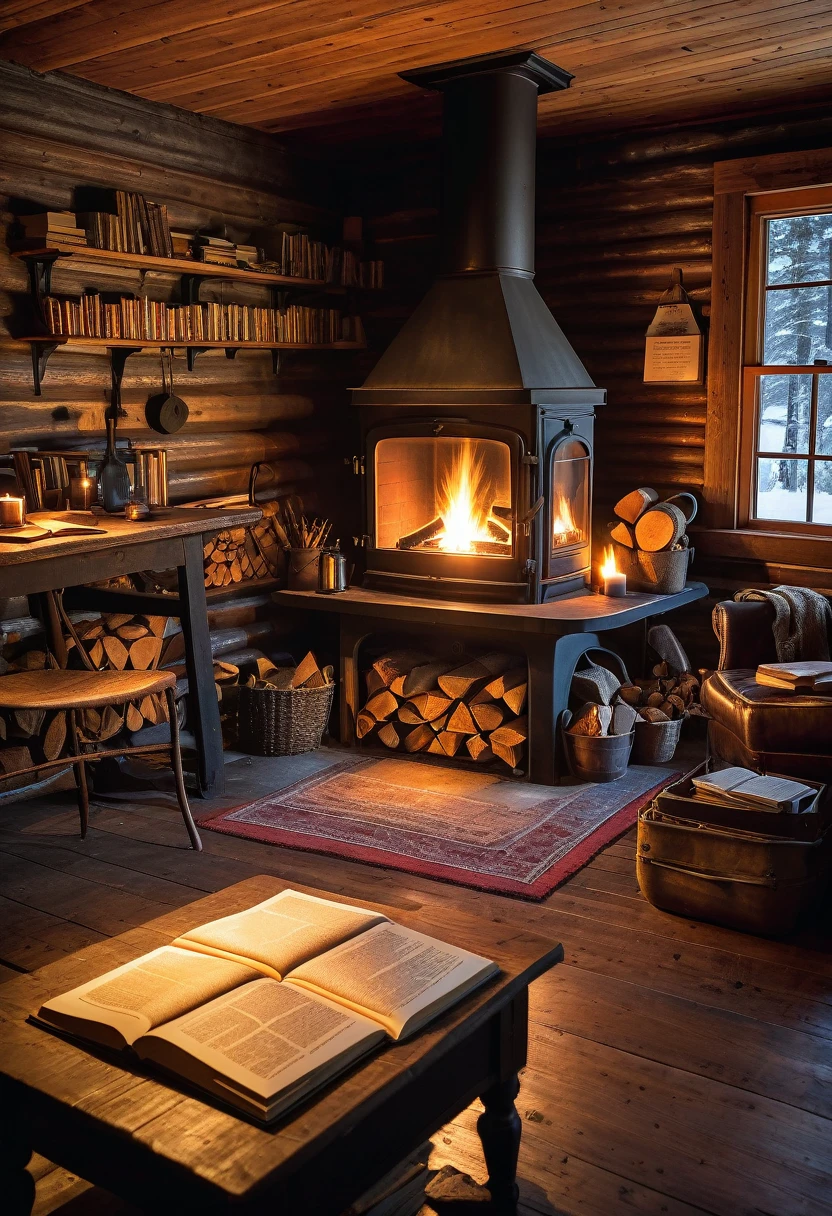 "Imagine a hunting cabin on a snowy evening. The warmth of the fire in the cast-iron stove contrasts with the chill outside. Nearby, a sturdy oak book table holds a variety of field guides and novels about legendary hunts. The soft glow of the firelight dances across the pages, and the scent of pine and cedar fills the air."