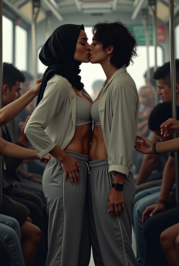 Black headscarf on a crowded bus, white long sleeve t shirt, Sexy skinny woman in grey baggy sweatpants kissing a man. Other people touch the woman&#39;s breasts and buttocks. 