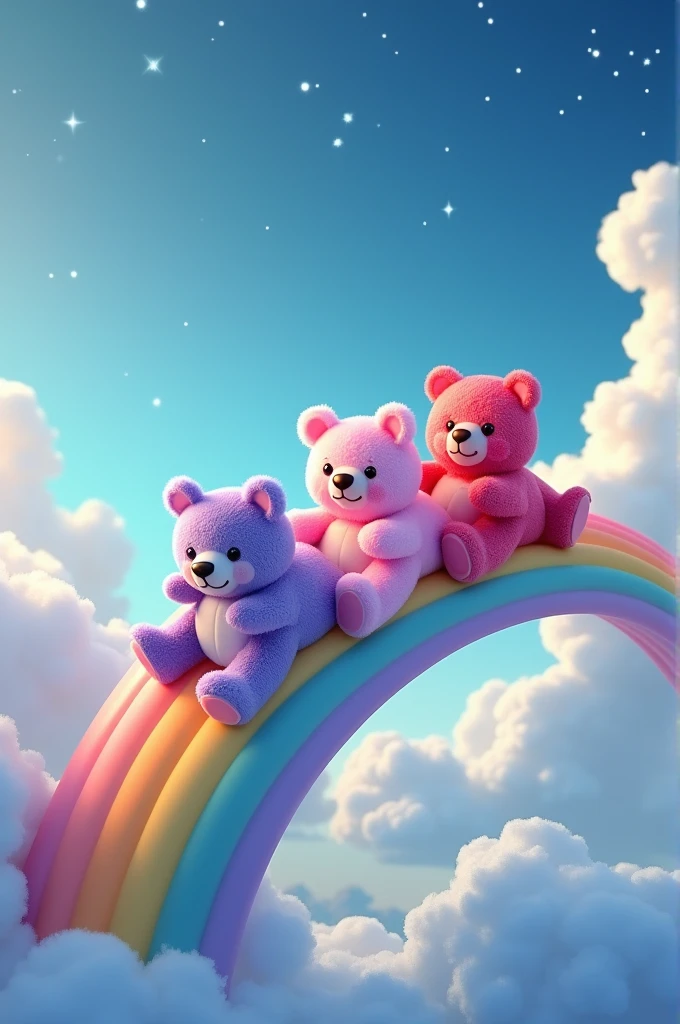 "Three very cute bears—lilac, pink, and red—sliding down a cute rainbow, on top of beautiful blue clouds in a sky filled with twinkling stars, in ultra-realistic 4K images."