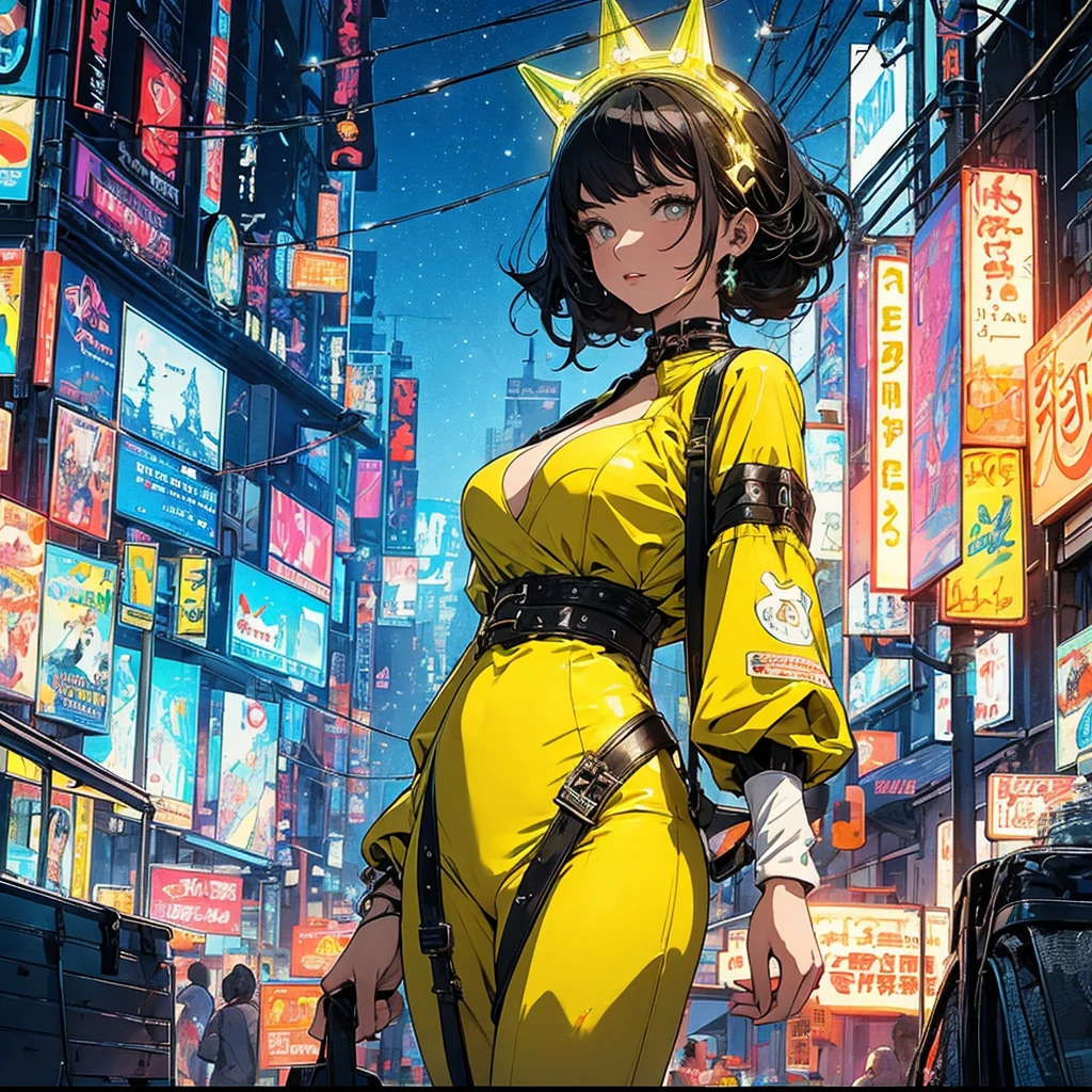 (masterpiece, highest quality), 32K,(highly detailed beautiful woman), poster,SF,1960s,1970s,bauhaus, shape, abstract,movie poster, vintage,retro,futuristic anime,ultimate map,highlight,highly detailed glowing eyes,cleavage,complicated pattern,Stylish hairstyle,fluorescence((yellow clothes)),Starry Sky,Cyberpunk street fashion,