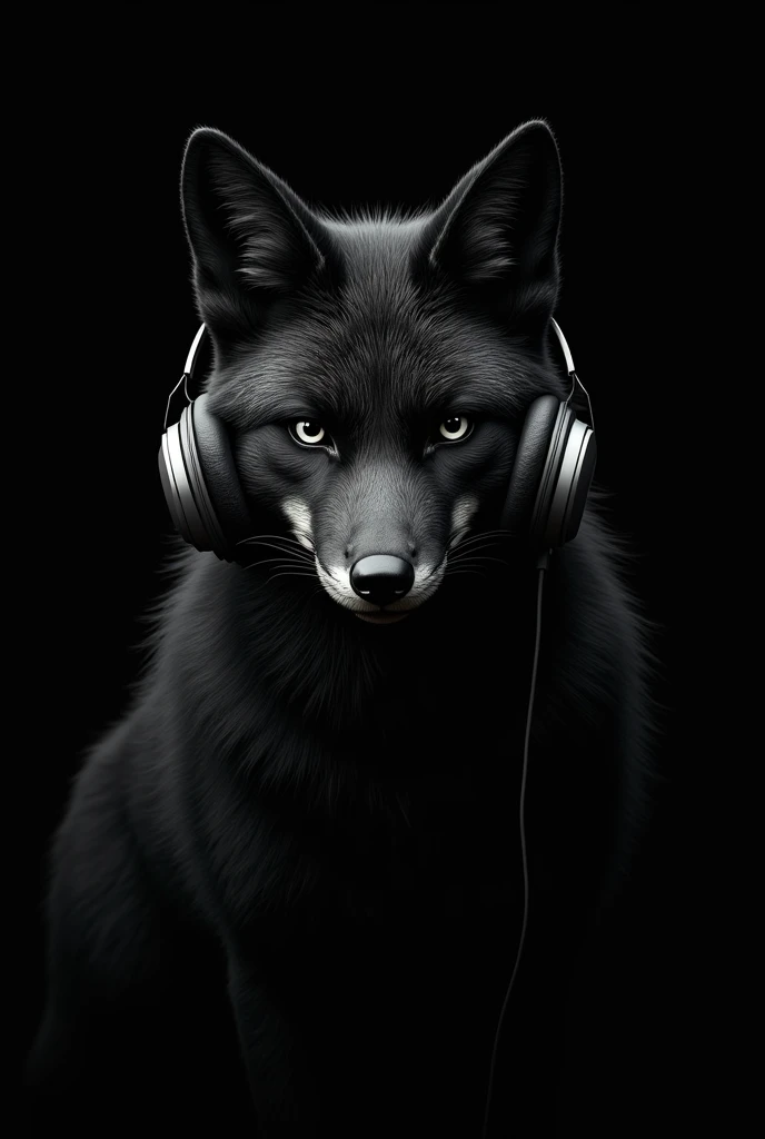 Male black fox logo with headphones narrating scary stories for tiktok and a black background looking serious and expressionless at the camera