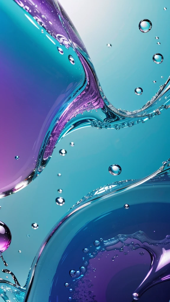 Background wallpaper for your desktop in the form of color shapes like liquid glass with translucent bubbles in the colors of violet, blue, pink,, turquoise, navy blue, sea green, purple, magnificent liquid glass ornaments, connecting plates of glass