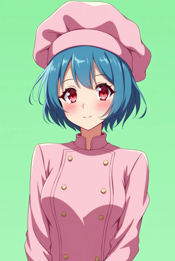 Female chef between 18 and 1, with a pink long-sleeved uniform and a chef&#39;s hat of the same color, 2D anime style with pastel colors, short blue hair, Red eyes ,with a happy and sensual expression, on a completely green and flat background