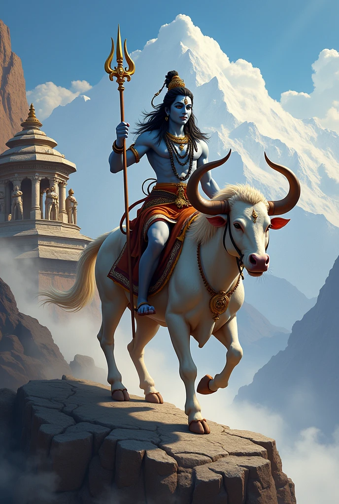 Lord shiv with lovely eyes and smile, most attractive cute face , ride on nandi maharaj, background kedarnath Temple 