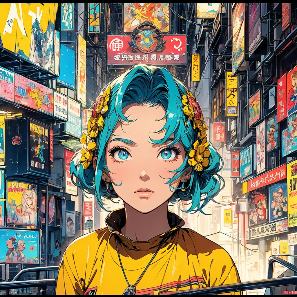 (masterpiece, highest quality), 32K,(highly detailed beautiful woman), poster,SF,1960s,1970s,bauhaus, shape, abstract,movie poster, vintage,retro,futuristic anime,ultimate map,highlight,highly detailed glowing eyes,cleavage,complicated pattern,Stylish hairstyle,fluorescence((yellow clothes)),Starry Sky,Cyberpunk street fashion,