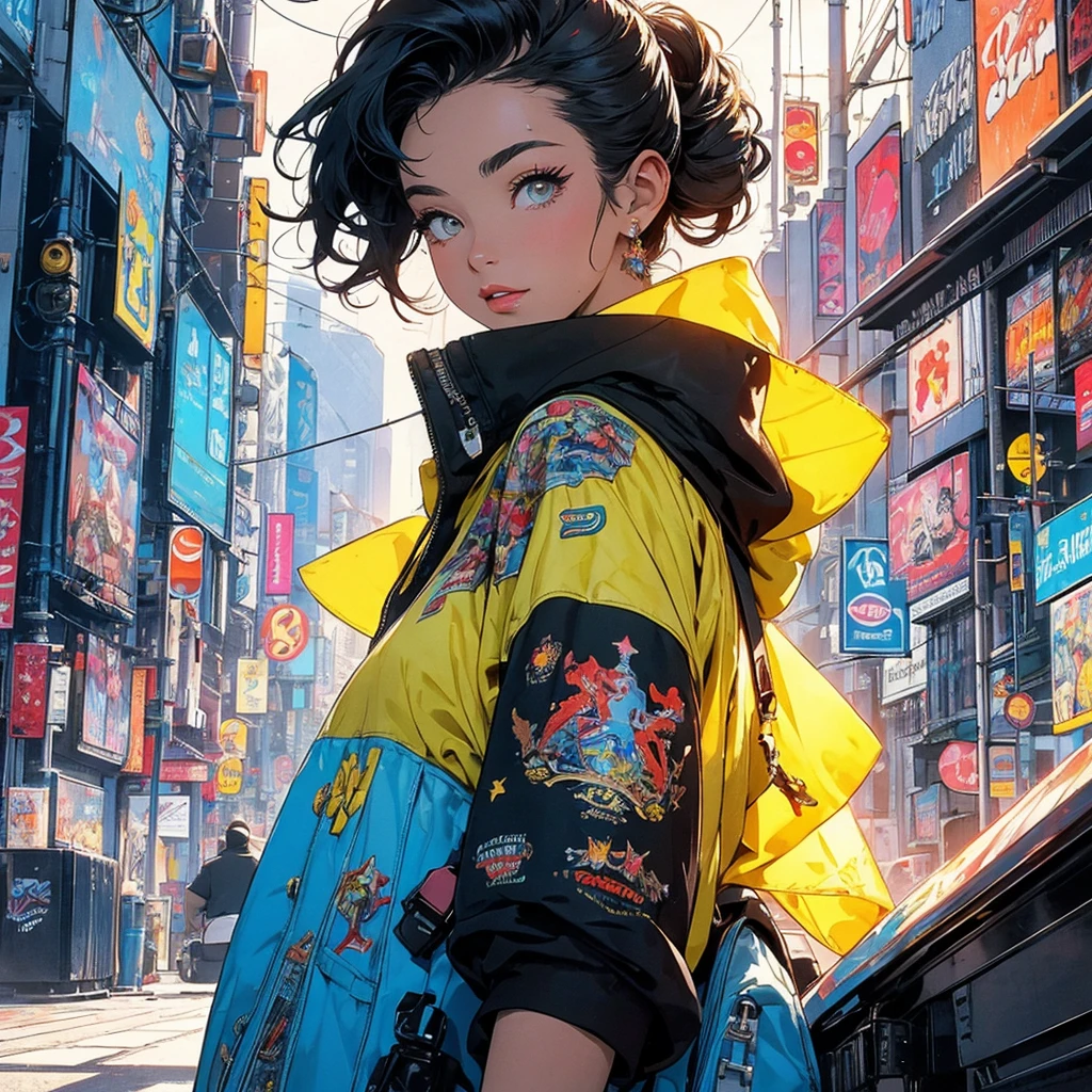 (masterpiece, highest quality), 32K,(highly detailed beautiful woman), poster,SF,1960s,1970s,bauhaus, shape, abstract,movie poster, vintage,retro,futuristic anime,ultimate map,highlight,highly detailed glowing eyes,cleavage,complicated pattern,Stylish hairstyle,fluorescence((yellow clothes)),Starry Sky,Cyberpunk street fashion,