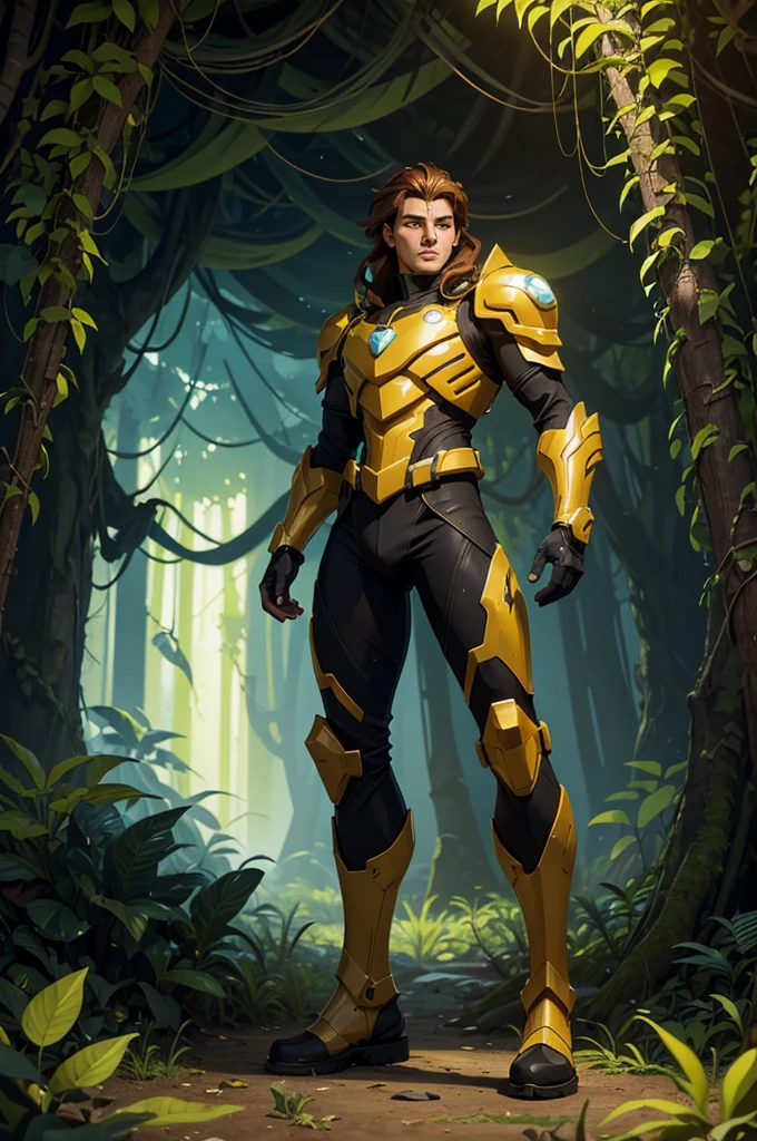 ultra-fine digital painting of a shape-shifting entity that adapts to the environments of a jungle planet with cyberpunkai flora levitating with yellow crystals, super detaill, Ultra-realism, volumetric lighting. inside this forest Create a Caucasian style man, Caucasian woman skin, long brown hair , average size, beautiful face detailed focused, black eyes, Youngh, stark, closed, perfectbody,. uma imagem no estilo dos Knights of the Zodiac(Knights of the Zodiac) make the male armor completely yellow, with some dark details. yellow and black knee-high armor style boot.a modern and cyberpunk look. It's coming out of the mouth of a high tech city. cyber punk, Steampunk, Splatterpunk