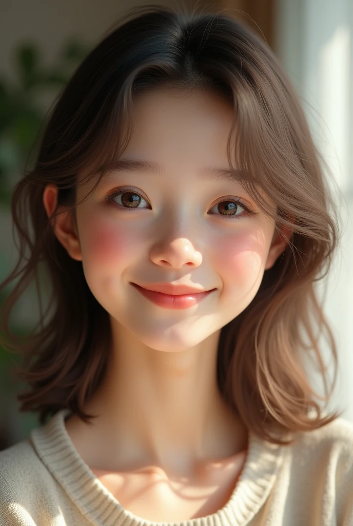 Natural smiling girl with natural medium brown hair , Her snow-white skin color and her half-strawberry-colored lips , in a first person shot but distanced like 50%