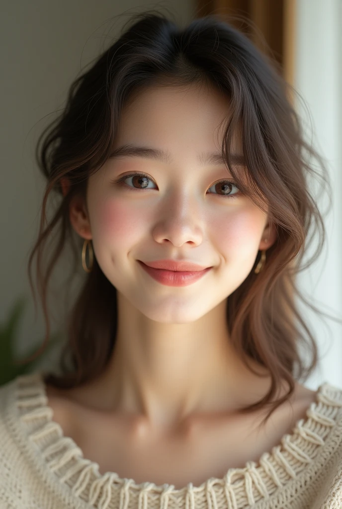 Natural smiling girl with natural medium brown hair , Her snow-white skin color and her half-strawberry-colored lips , in a first person shot but distanced like 50%