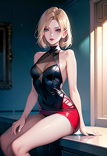 Girl , Short blonde hair blue eyes white skin voluminous red eyeliner and lips perfectly detailed face, in tiny slingshot,  full body 1.2 slender, lsgs spread,  makeup and fashion accessories 