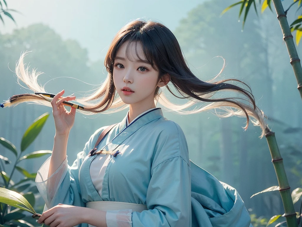 Mysterious Korean beauty,perfectly structured, (aquarel), digitale Illustration, Anime Style, The content is very detailed, volumetric lightning,，she holds a bamboo flute in her hand pastel color, dynamic combination, The image is clear and sharp, (exquisit, Sublimation:1.2), Indescribably beautiful,