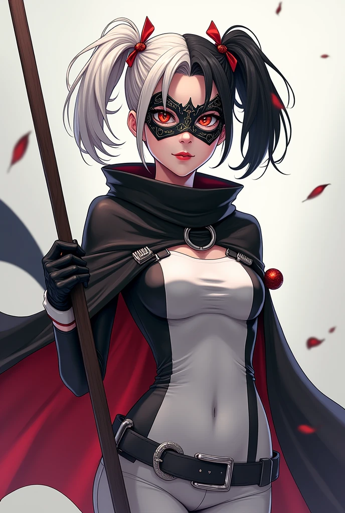 Create an anime style character similar to Harley Quinn with short pigtails with one side of the hair black and the other side white with a black iron mask with silver details on the mouth and nose and a large black scarf and white clothes with a stick