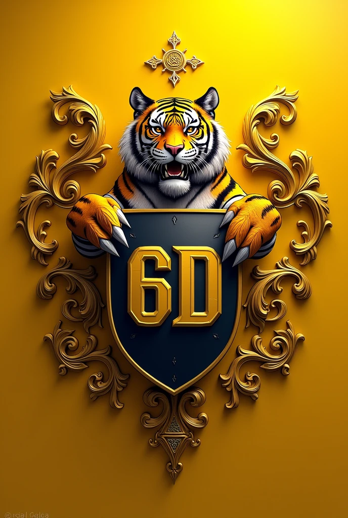 I want you to make a coat of arms of a tiger on a yellow background. On this coat of arms write the name: 6D