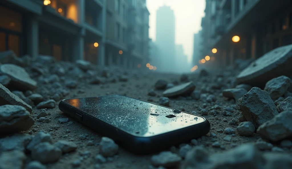 A city in rumble with a close up shoot with a phone laying in rumble, screen lit up