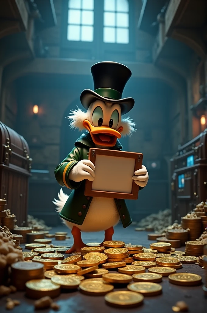 Uncle Scrooge Disney character, several bitcoin coins and he counting many, different scenarios, dark in the background / he holding a blank letter board, many coins piled up on the bottom, treasure chest, modern computers