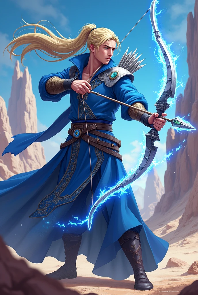 Valorant game beating, man with blond hair tied up, holding shock bow and arrow, with futuristic blue robes on the Mirage map of cs go.
He has a sapphire eye.
anime styling