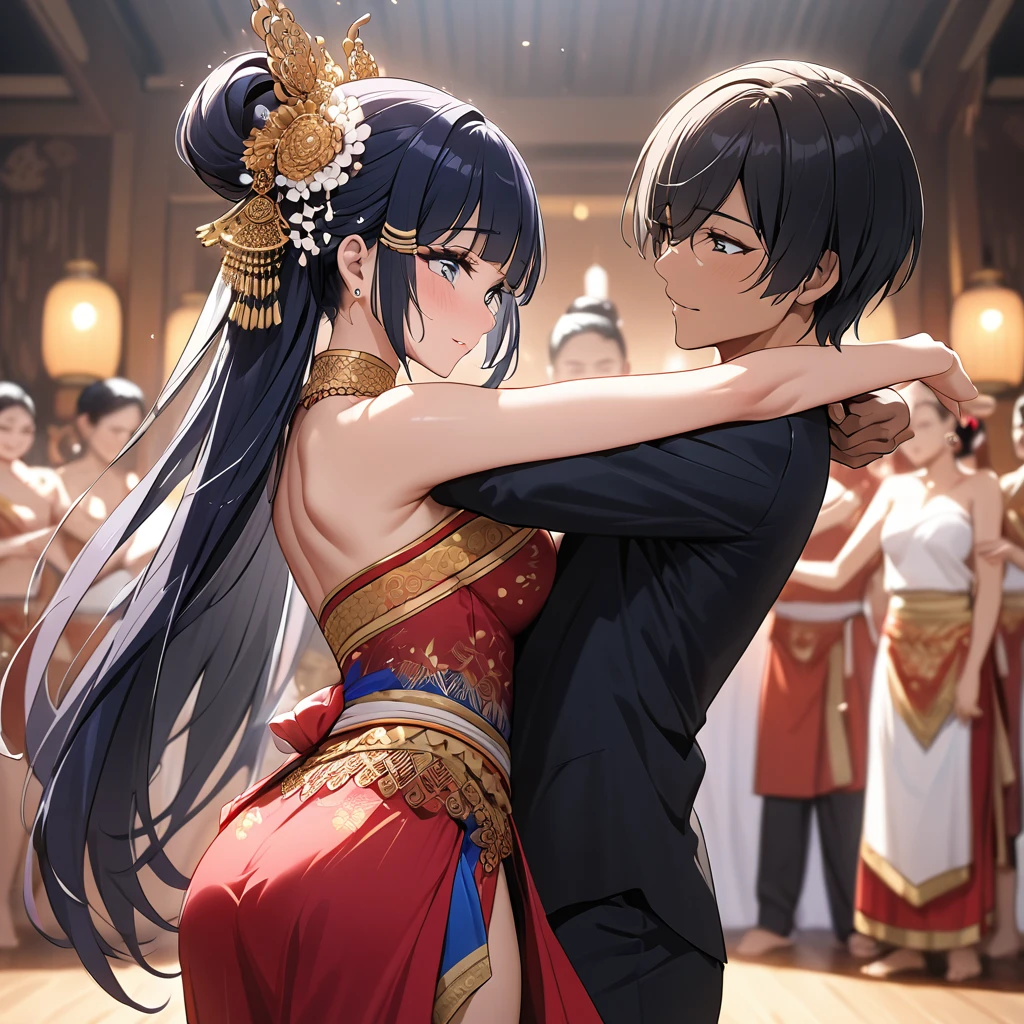 ((Highest quality)), ((masterpiece)), (detailed), (Perfect Face)、The woman is Reika Aoki, a dark-skinned Thai with semi-long hair.、A woman is wearing a Thai dance costume in Thailand and dancing the Thai dance Ram while being hugged by a man