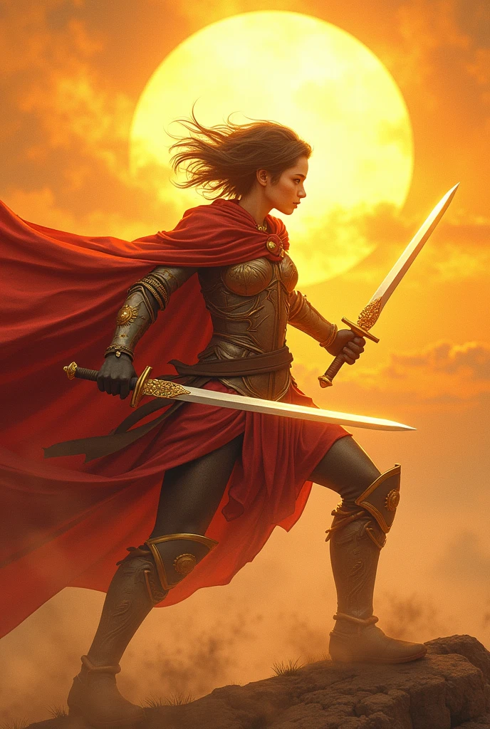I need a fighter that use 2 swords to fight and wears a cape with a sun insignia, he is a follower of a sun god he is a quick fighter so don't need to use too much heavy armor, he has short hair