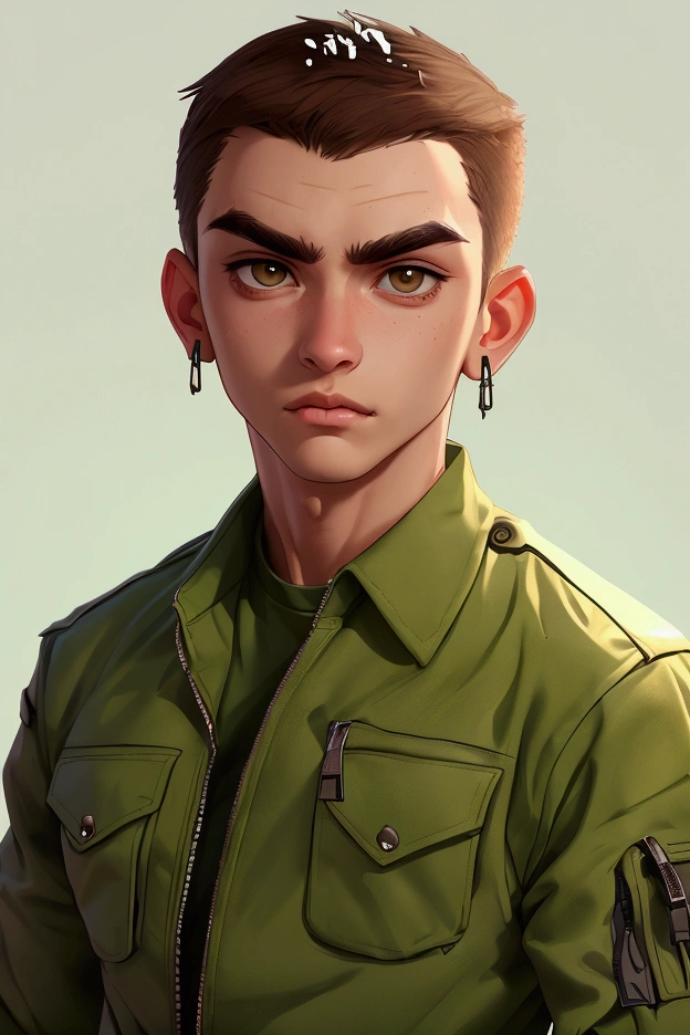 Male with unzipped green army jacket, white shirt, messy brown hair, brown eyes, thick eyebrows