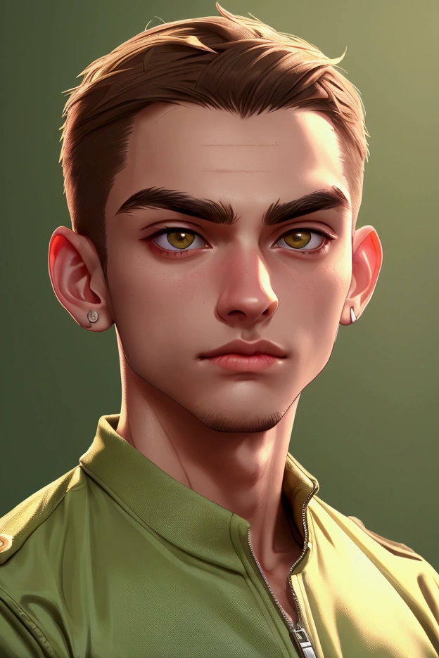 Male with unzipped green army jacket, white shirt, messy brown hair, brown eyes, thick eyebrows