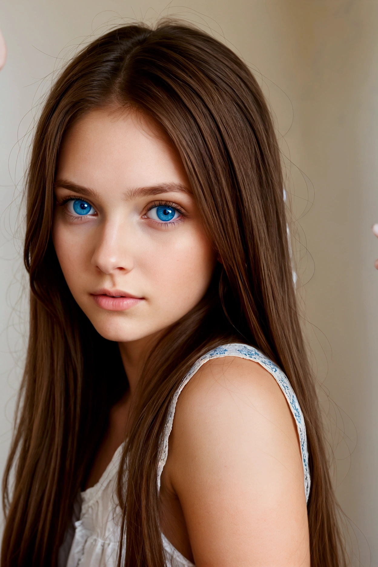  girl with long brown hair and blue eyes