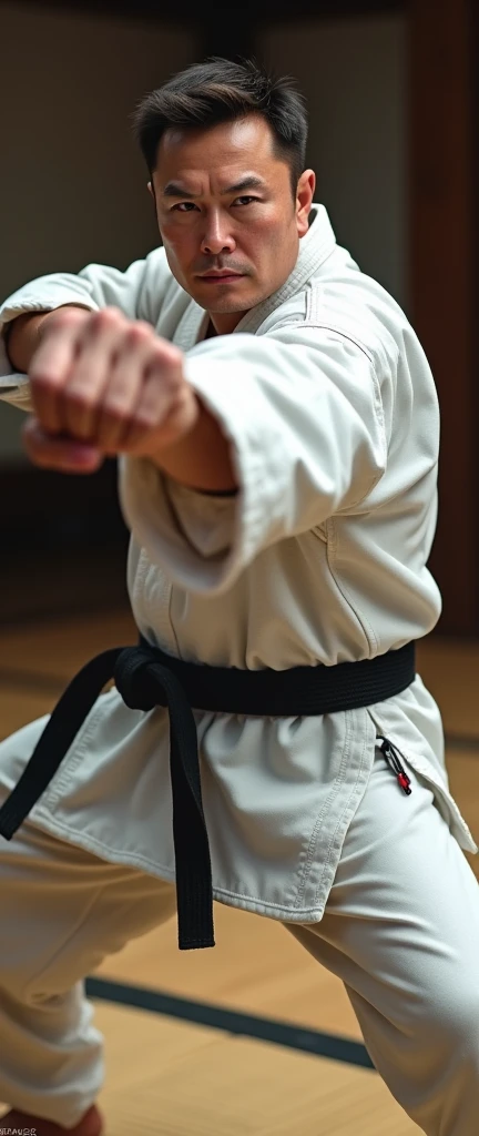 Karate pose, Dynamic pose,  ((straight punch)), Front view , Full- body,  American male, his name is  Elon  Musk, (black hair, buzz cut, brown eyes, serious), (little fat body) ,((Karate clothes, Karate underwear,  Black obi)), (White underwear), At the Karate Dojo, Standing on tatami mat, Textured skin ((Surrealism, Fujicolor, Fujifilm, UHD, retina, masterpiece, accurate, anatomically correct, textured skin, super detail, high details, high quality, best quality, 8k))