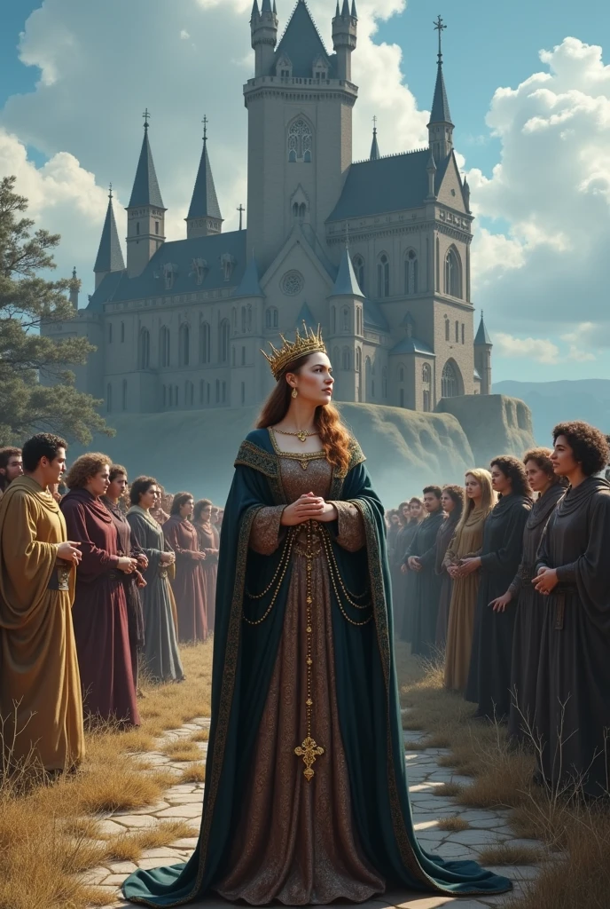 a well-dressed medieval queen with a Catholic rosary in her hands, in the background, lots of people and a gothic castle, on one side of the sky day and on the other night