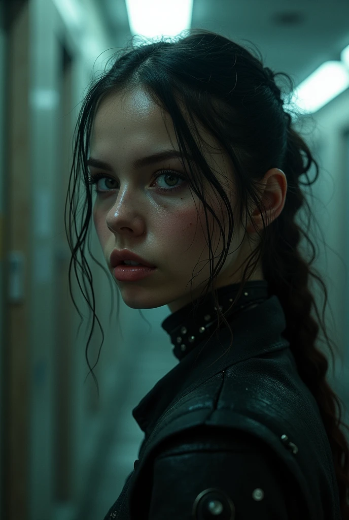 A Sweaty 21yo russian woman , cinematic film still,, noir, modern, dystopian, Cyborg, Luis Royo 