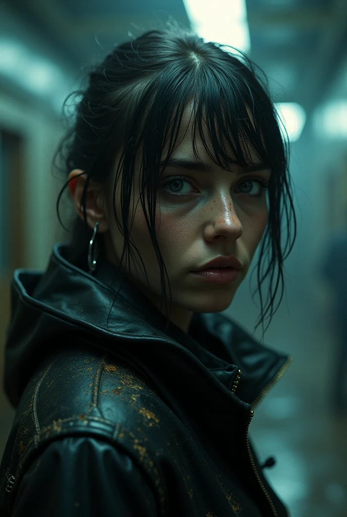 A Sweaty 21yo russian woman , cinematic film still,, noir, modern, dystopian, Cyborg, Luis Royo