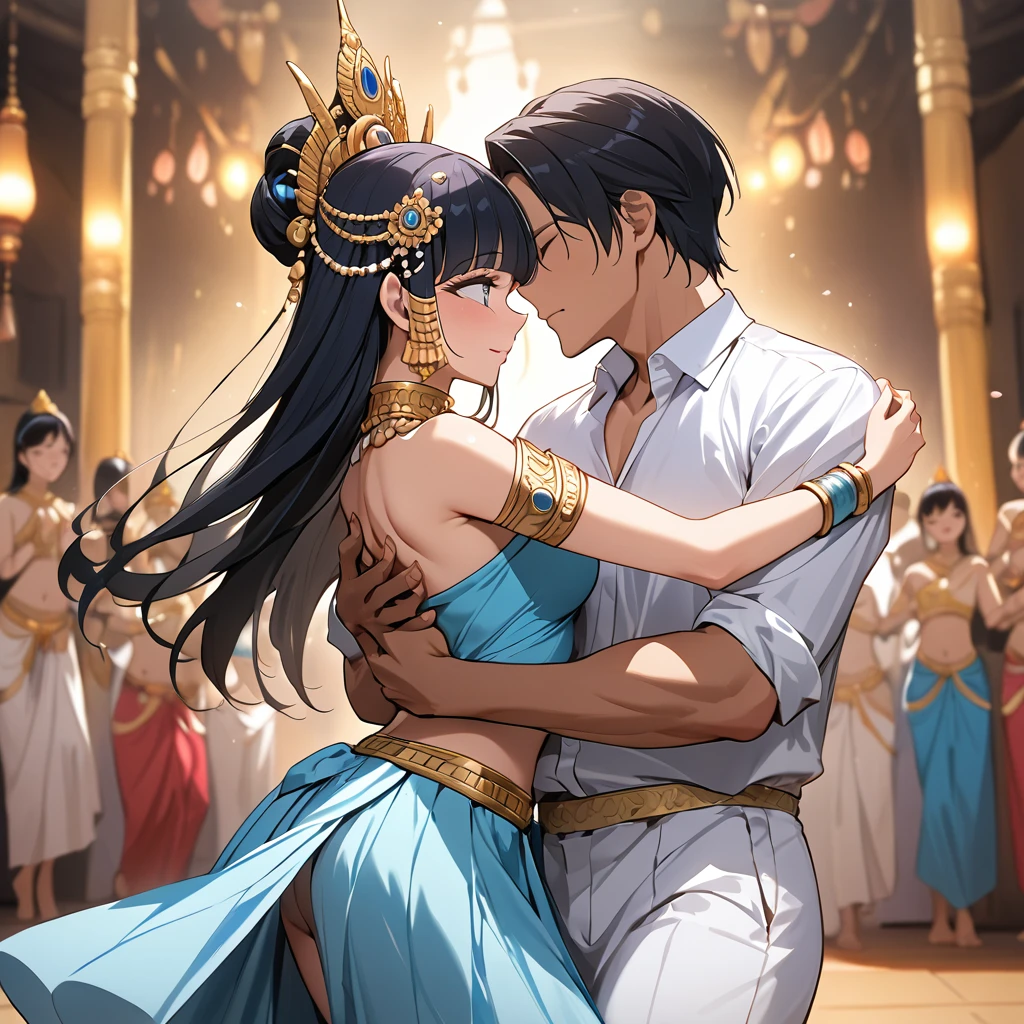 ((Highest quality)), ((masterpiece)), (detailed), (Perfect Face)、The woman is Reika Aoki, a dark-skinned Cambodian with semi-long hair.、A woman is wearing an Apsara dance costume in Cambodia and is dancing the Apsara dance while being hugged by a man.