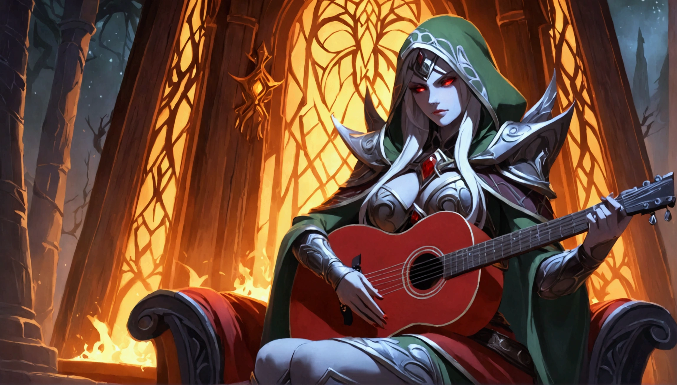 Sylvanas Windrunner, the legendary leader of the Forsaken, sits on a dark wooden throne, surrounded by an aura of mystery and magic. In her hands, she holds a vibrant red guitar, its strings seemingly pulsing with unearthly energy. Her eyes, burning with an otherworldly intensity, stare directly at the viewer, as if daring them to come closer. Her long, white hair falls over her shoulders, framing her pale, ethereal face. Her lips, painted a deep red, curve in an enigmatic smile, as if guarding secrets known only to her. The guitar, which appears to have been created by magical hands, emits an intense red light that illuminates the environment around it. The strings vibrate with an energy that seems almost palpable, as if they are alive and responding to Sylvanas’ touch. In the background, a dark and mysterious mist spreads, as if the night itself is closing in around Sylvanas. The atmosphere is charged with tension and anticipation, as if something is about to happen.

The image is a mix of shadows and light, of mystery and magic, capturing the essence of Sylvanas Windrunner as an enigmatic and powerful creature.