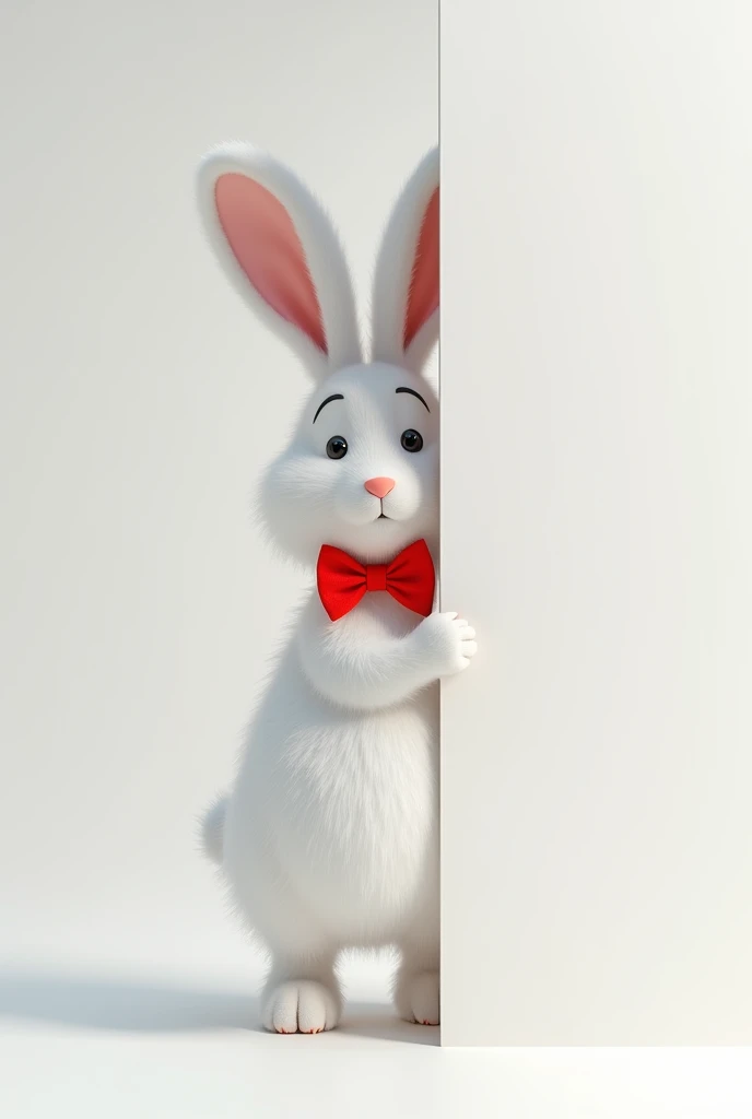half the body of a white rabbit with red bow tie sticking out from behind a wall, facing us, 3d rendering, pixar style, (detailed digital art), stylized 3d rendering, c4d, (full height), high quality, composition, masterpiece, art station, solid white plain background