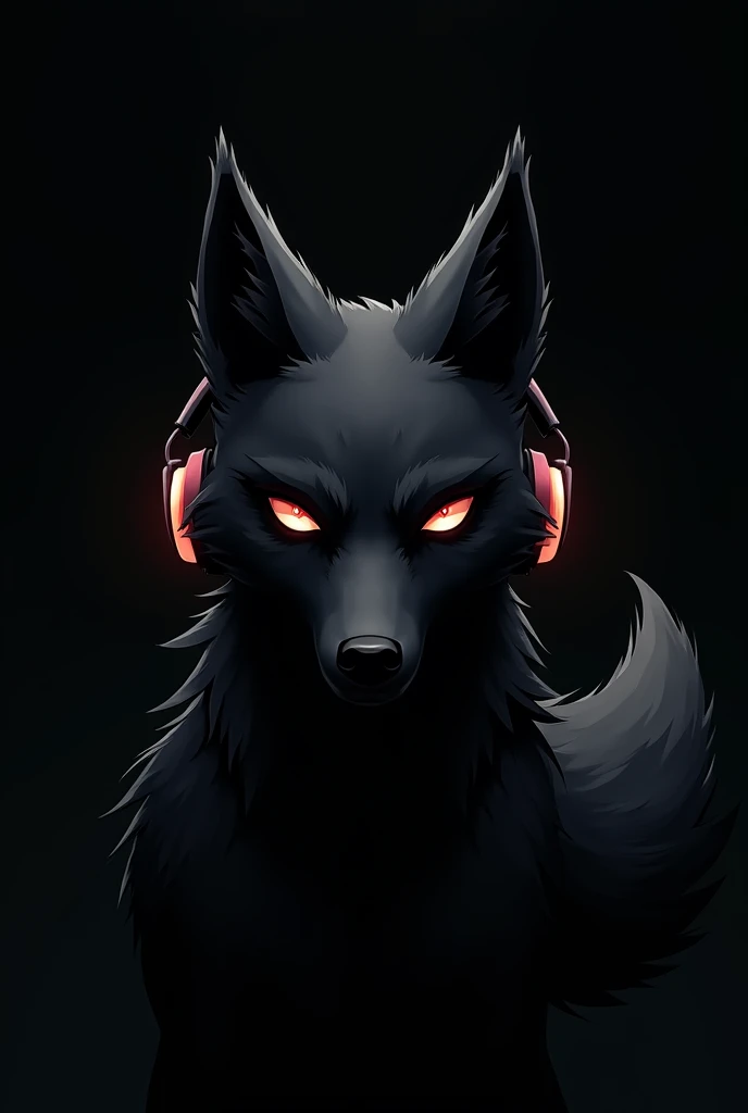 Male black fox logo with headphones narrating scary stories for tiktok and a black background looking serious and expressionless at the camera Less realistic
